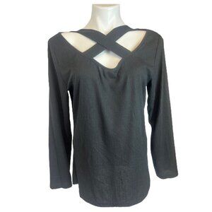 Shein Curve Black Ribbed Cross Over Neck Long Sleeve T-Shirt 1XL